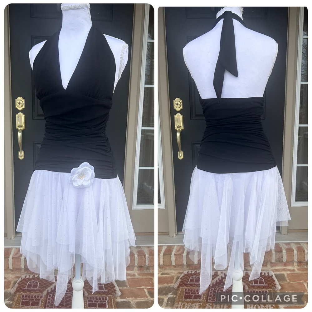 Vintage Y2K black ruched halter fairycore minidress white glitter tulle XS S